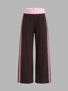 Teen Girl Side Stripe Wide Leg Loose Casual Sweatpants - Coffee Brown - View 7