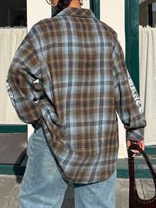 Muchica Plus Size Women's Plaid Long Sleeve Single-Breasted Casual Pocket Shirt Fall - Brown - View 2