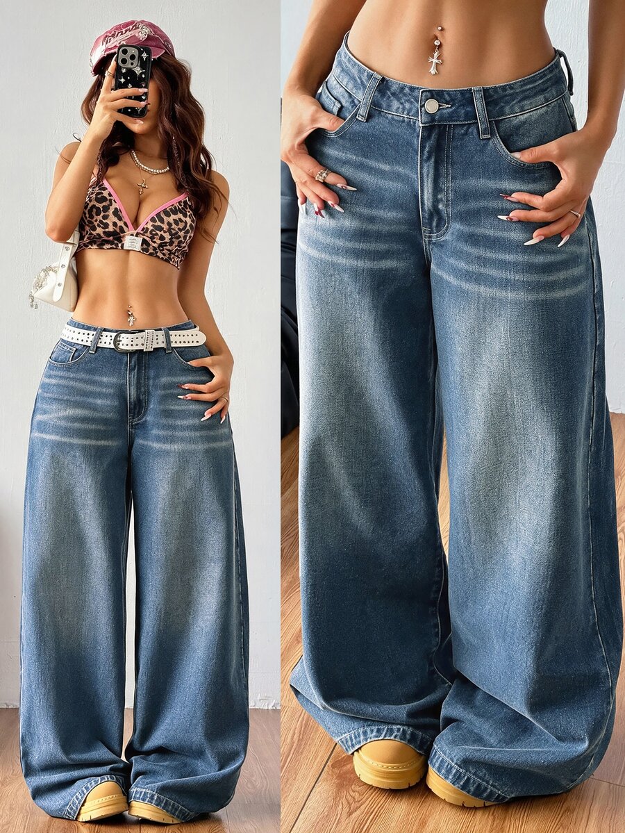 Coolane Women's Casual Denim Jeans With Pockets, Loose Wide Leg - Black - View 1