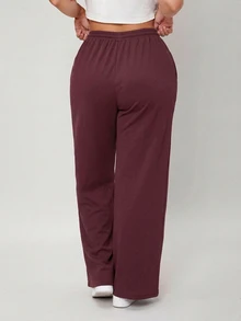 SHEIN BASICS 大尺碼毛圈布抽繩腰寬腿運動長褲，夏季女裝套裝 - 酒紅色 - 查看 2