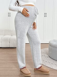 SHEIN Celana Panjang Rajut Kasual Serbaguna dengan Ikat Pinggang Warna Polos untuk Ibu Hamil - Grey - View 6
