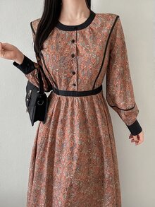FRIFUL Women's Rust Round Neck Long Sleeve Button Half-Placket Casual Vintage Elegant Midi Dress Brunch High Tea Autumn Winter High Tea Date Night - Brown - View 7