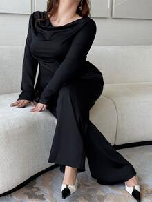 Vibekara Women's Solid Black Draped Cowl Neck Lace Patchwork Asymmetrical Hem Long Sleeve Top Paired With Solid Black Casual Style Pants, Daily Commute Two Pieces Set, Vacation Travel Wear, Holiday Elegant Style Two Pieces Set, Y2K Two Pieces Set - Black - View 1