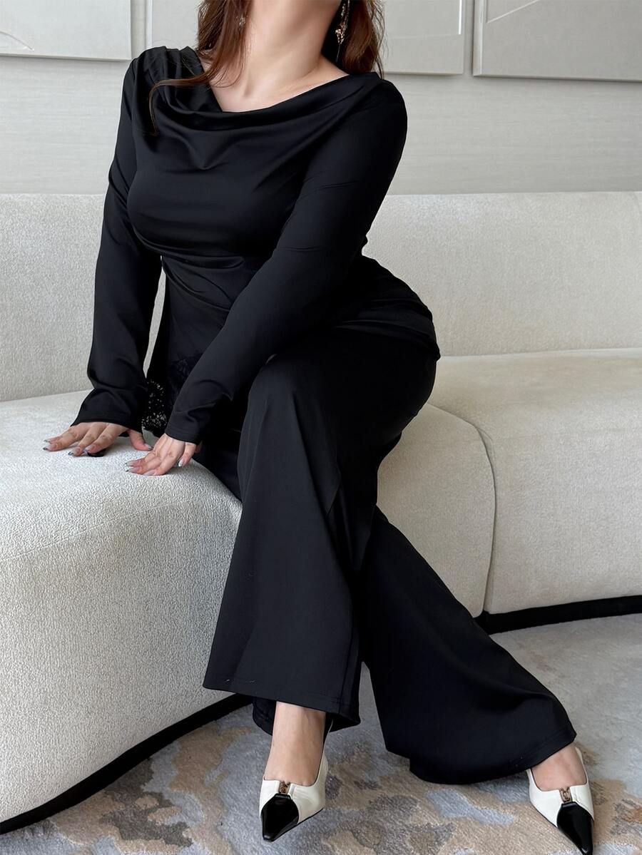Vibekara Women's Solid Black Draped Cowl Neck Lace Patchwork Asymmetrical Hem Long Sleeve Top Paired With Solid Black Casual Style Pants, Daily Commute Two Pieces Set, Vacation Travel Wear, Holiday Elegant Style Two Pieces Set, Y2K Two Pieces Set - Black - View 1