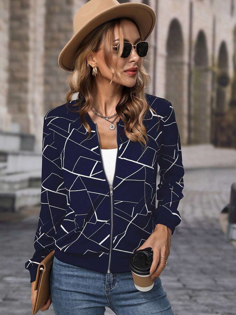SHEIN LUNE 女款全印花拉鍊休閒百搭日常旅行長袖夾克 - 藏蓝色 - 查看 1