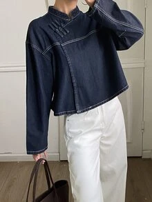 DAZY Women's Autumn Stand Collar Frog Button Long Sleeve Loose Solid Color Denim Fabric Dark Blue Contrast Stitching Chinese Style Denim Short Jacket - Blue - View 5