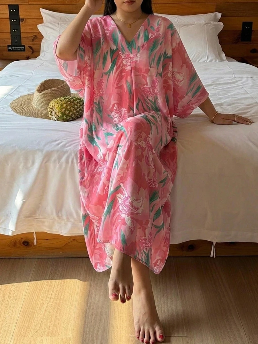 Dazy Plus Gaun Tidur Rumah Kasual Wanita Ukuran Besar Model Leher V Motif Bunga - Watermelon Pink - View 1