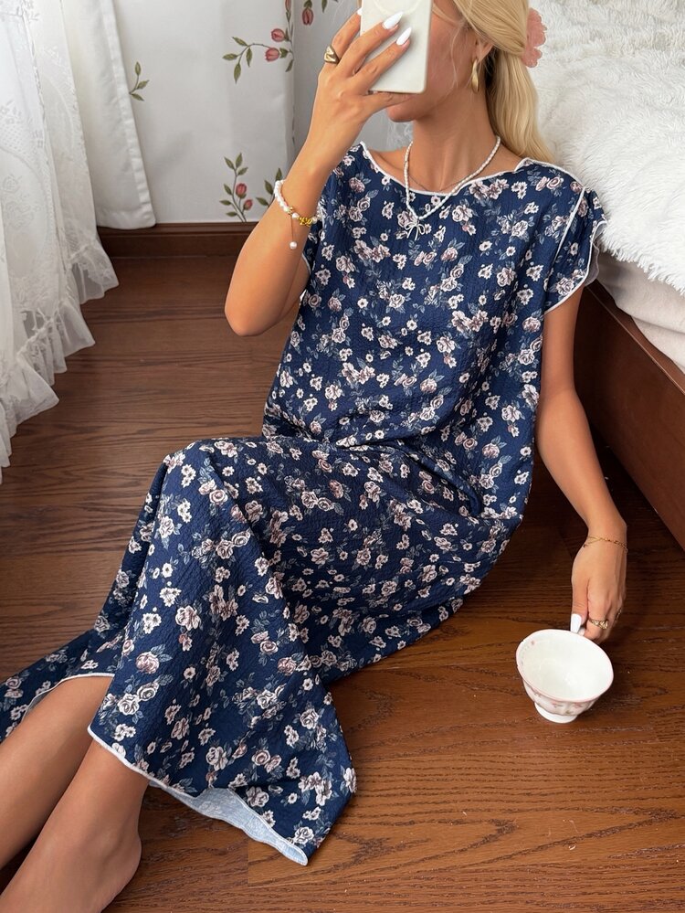 CottageSlumber Romantic Floral Contrast Trim Loose Comfortable Mid-Length Women's Nightgown - Navy Blue - View 3