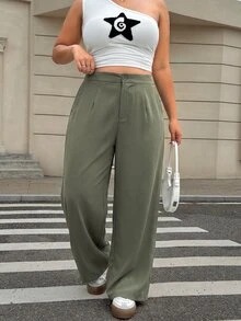 Muchica Plus Size Women Solid Color Pleated Straight Leg Loose Casual Suit Pants - Army Green - View 5