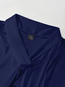 SHEIN 純色優雅通勤夏季短袖襯衫，緞面布料，白色襯衫，寬鬆版型，適合通勤、商務、派對、約會場合，春夏風格襯衫 - 藏蓝色 - 查看 4
