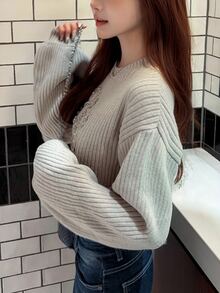 FRIFUL Women's Casual 2000s Rhinestone Decorated Sweater, Autumn/Winter Date School Light Grey Autumn Winter Long Sleeve Tops - Grey - View 5