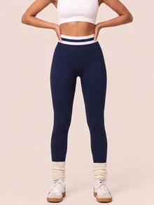 SHEIN BAE Women Navy Blue Stripe Seamless High Waist Leggings Tummy Control Gym Workout Training Running Yoga Athletic Pants - Navy Blue - View 2