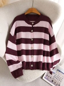 Elaquor Plus Size Women's Striped Drop Shoulder Long Sleeve Single-Breasted Knit Cardigan - Multicolor - View 4
