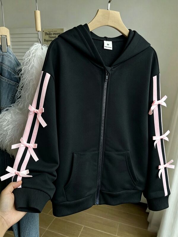 Autumn/Winter Girls' Hooded Zip-Up Jacket - Mixed Street Style, Warm Knitted Fabric Suitable For Autumn/Winter, Slightly Loose Fit With Growth Space, Perfect For Campus And Street Wear, Instantly Transforming Into A Vibrant Girl!