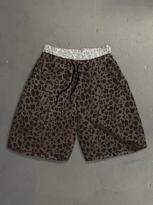 StoneGrade American Style Leopard Print Colorblock Patchwork Double Waistband Drawstring Casual Shorts, Suitable For Daily Wear, Friends Gathering, Targeting Young Fashion-Forward People Who Pursue Personalized And Style, Prefer American Streetwear - Multicolor - View 1