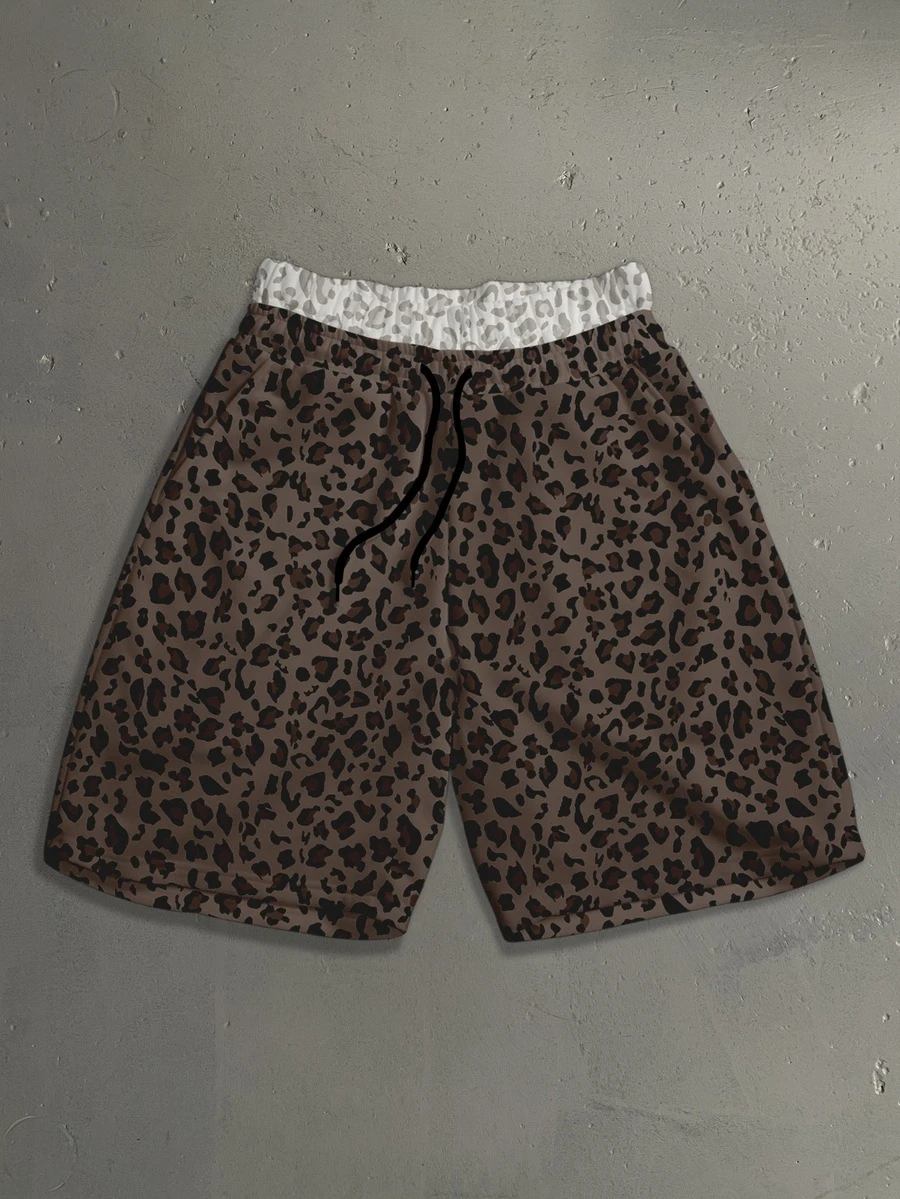 StoneGrade American Style Leopard Print Colorblock Patchwork Double Waistband Drawstring Casual Shorts, Suitable For Daily Wear, Friends Gathering, Targeting Young Fashion-Forward People Who Pursue Personalized And Style, Prefer American Streetwear - Multicolor - View 1