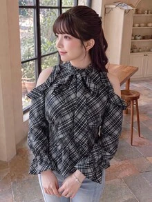 Bijouette 大尺碼優雅黑白格紋編織露肩上衣，柔軟面料，日系甜美風，收腰下腰線，適合早午餐派對秋季穿搭 - 彩色 - 查看 6
