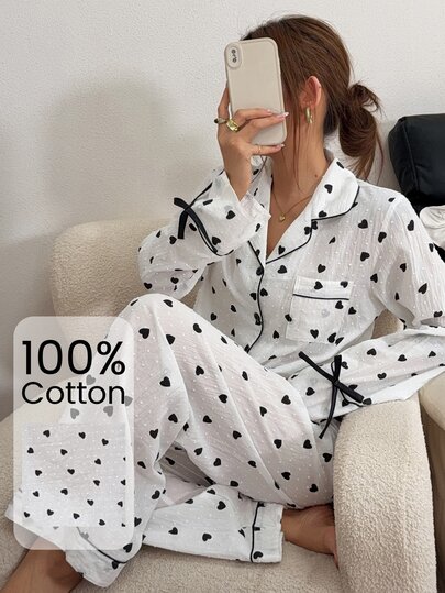 Napfluff Black Heart Lapel Cardigan Satin Bow Design Women's Pajama Set, White Party Ruffle Trim Loungewear