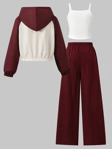 SHEIN 3件組女童美式籃球風連帽運動套裝，酒紅色拼接落肩拉鍊短夾克，附Brooklyn字母印花設計與側條紋袖飾，搭配寬腿運動長褲，梭織布料，歐美校園休閒童裝 - 酒紅色 - 查看 2