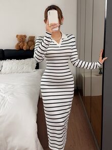 Napfluff Women's Casual Knit Collared Striped Long Sleeve Nightgown - Black and White - View 4