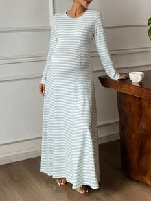 Dazy Maternity Contrast Stripe Umbrella Skirt Long Sleeve Round Neck Casual Vacation Versatile Daily Spring Autumn Maternity Dress - Blue - View 2