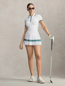 Activina Women's Patchwork Striped Pleated Hem Short Sleeve Sports Dress With Shorts White And Green Set Color Block Athletic Tennis Golf Summer - White - View 4