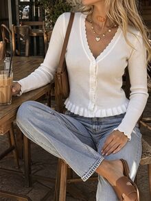 SHEIN Orluneo Women's Versatile Button Long Sleeve Ruffle Knit Cardigan - White - View 6