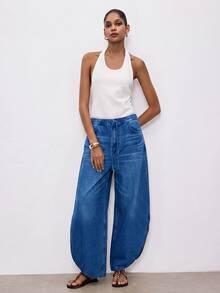 Maija Damen-Jeans mit Kordelzug-Bund, Taschen, weitem Bein und lockerer Passform, hellblau, lässig, für Herbst, Alltag und Reisen - Dunkle Waschung - Übersicht 3