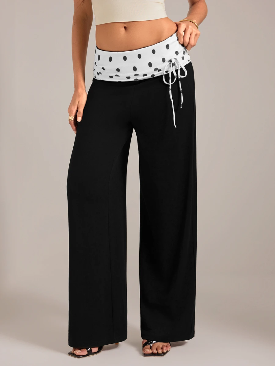 SHEIN Tall Women's New Summer Black & White Polka Dot Long Pants, Elegant, Sexy And Minimalist Fashion Style, Suitable For Daily Casual, Vacation, Commute, Date And Dinner Occasions, Showcasing Modern Fashion - Black - View 1