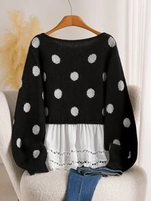 Elaquor Plus Size Autumn/Winter Casual Polka Dot Pattern Patchwork 2 In 1 Sweater - Multicolor - View 2