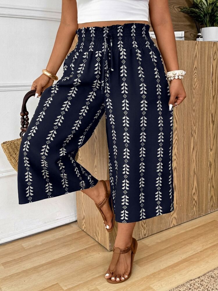 SHEIN Frenchy Plus Size Women's Vacation Waist Tie All-Over Print Wide Leg Capri Pants - Navy Blue - View 5