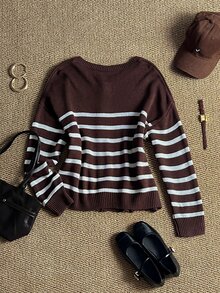 Grovea Cardigan Rajut Wanita Ukuran Besar Bergaris Leher Bulat Lengan Panjang Kancing Tunggal untuk Musim Dingin - Coklat - View 2
