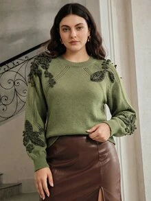 Anewsta Plus Size Vintage 3D Embroidered Vacation Pullover Sweater - Army Green - View 6