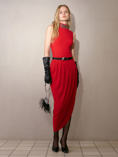 MOTF PREMIUM WOMEN'S SLEEVELESS STAND COLLAR RUCHED HIGH SLIT HEM FITTED DRESS WITHOUT BELT
