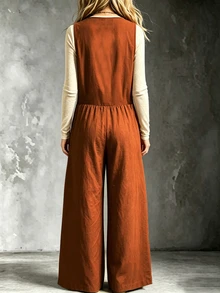 SHEIN Women's Solid Color Button Front Pocket Wide Leg Sleeveless Jumpsuit - Orange - View 2