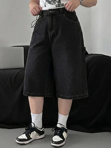 Dazy Plus Celana Pendek Denim Vintage Model Longgar Lebar Gaya Jalanan Kasual Denim Celana Pendek Bermuda Musim Semi Musim Panas Musim Gugur - Hitam - View 5