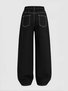 SHEIN Tween Boy New Smoke Gray Vintage Denim Jeans, American Street Style Loose Drape Wide Leg All-Match Versatile Casual Denim Long Pants - Black - View 2
