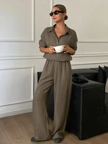 Livesso Women's Minimalist Versatile Long Sleeve Top And Pants 2 Pieces Set Fall - Olive Green - View 6