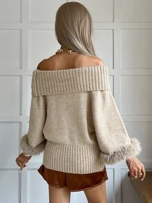 Livesso Women's Elegant Off Shoulder Sweater, Autumn/Winter Vacation - Apricot - View 2