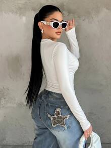 SHEIN SXY White High Elasticity Knitted Polo Collar Long Sleeve Fitted Cropped Top - White - View 2