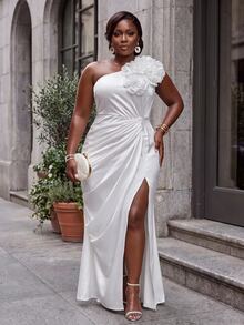 Slaydiva Plus Size Wedding Dress White Elegant One Shoulder Spaghetti Strap 3D Floral Ruched High Slit Dress - White - View 6