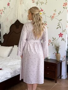 CottageSlumber Plus Size Women's Purple Plaid & Ditsy Floral Pattern Soft Comfortable Bubble Crinkle Woven Romantic Pastoral Home & Outdoor Wear Open Front Adjustable Waist Mid-Length Robe - Purple - View 3