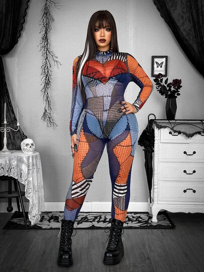 Whyspr Plus Size Women's Street Bold Avant-Garde Casual Punk Fashion Print Sci-Fi Tight Leggings - High Elasticity Halloween Music Festival Women's Cosplay Outfit Suitable For Party Stage Nightclub Bar Jumpsuit