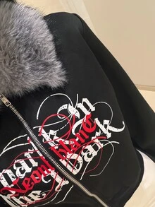 FRIFUL Women's Letter Print Long Sleeve Zip-Up Fur Collar Jacket - Black - View 9