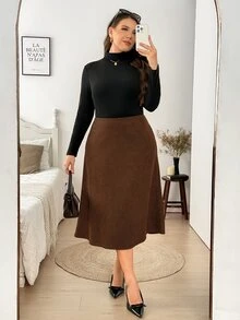 Easowa Curve 大尺碼女款純色休閒酒紅色迷你裙 - 棕色 - 查看 3
