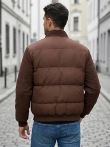 DAZY Brown Padded Body With Contrast Sleeves, Faux Fur Collar Design Men's Padded Coat - Brown - View 2