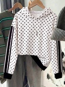 SHEIN 青少年女孩休閒時尚波點圖案厚實舒適柔軟衛衣，適合秋冬日常、街頭、戶外、Y2K、運動、校園、開學季，甜美少女風 - 白色 - 查看 2
