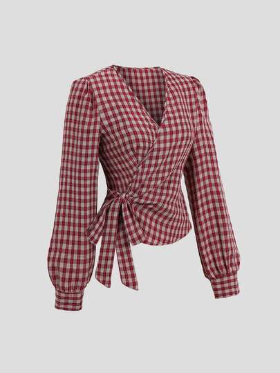 Sweetra Autumn New Red & White Plaid Vintage Gentle Tie Waist Design Casual Versatile Fashionable High-End Women's Long Sleeve Shirt