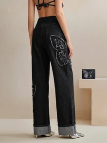 Anewsta Women's Personalized Fashionable Luxurious Embroidered Straight Leg Jeans - Black - View 7