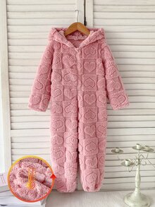 SHEIN 秋冬雙面保暖內裡加厚女童幼兒連身衣，可愛愛心與方格提花絨毛柔軟舒適休閒連帽拉鍊長袖長褲居家服，秋冬冬季款 - 粉色 - 查看 1